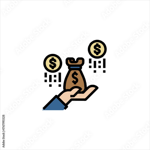 Hand holding money bag with coins representing financial growth and investment opportunities in business sector, symbolizing wealth and prosperity.