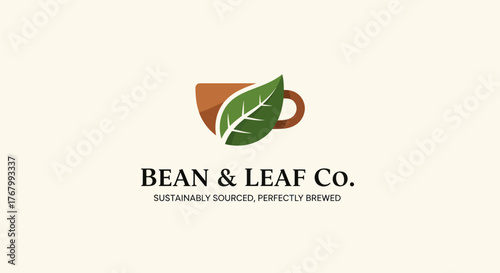 Bean  Leaf Co. Logo with Coffee Cup and Green Leaf.