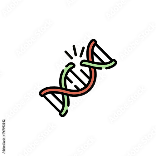 Damaged dna strand breaks apart against a white backdrop, symbolizing genetic mutation and vulnerability in a minimalist style.