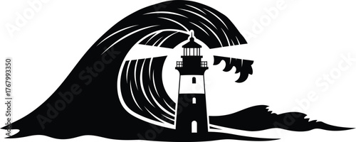 Dramatic black silhouette of a lighthouse standing tall against a colossal crashing wave isolated on transparent background