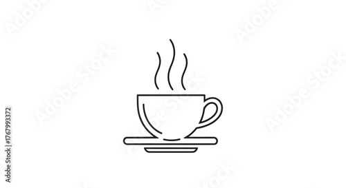 Simple line drawing of a steaming coffee cup on a saucer.
