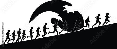 Silhouettes of people running uphill away from a large crashing wave isolated on transparent background