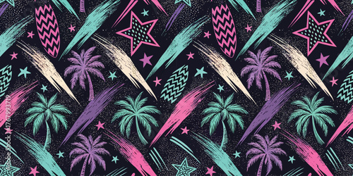 Vibrant tropical pattern featuring palm trees, stars, and colorful brush strokes on a dark background.