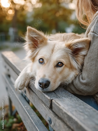Relaxed dog resting on a wooden bench with a person, enjoying a peaceful moment in a sunlit park full of vibrant autumn colors and soothing ambiance