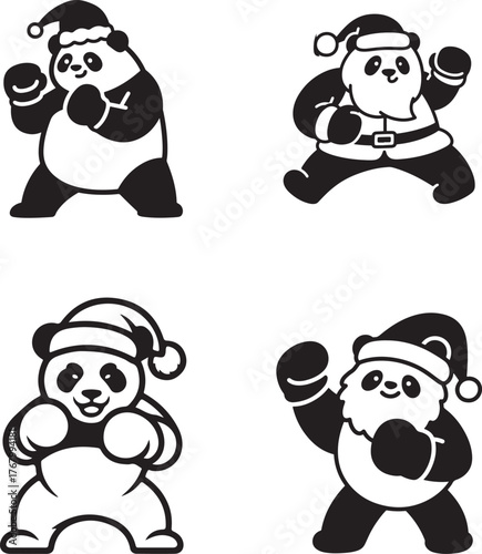 Collection of Festive and Athletic Santa Close with Panda Illustrations: Four Black and White Cartoon Designs Featuring Pandas Dressed as Santa and Reindeer, Posing with Boxing Gloves