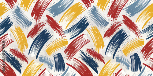 Dynamic abstract pattern with bold brush strokes in red, blue, and yellow on a light background.