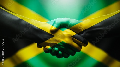 Two hands shaking with jamaican flag colors overlay, symbolizing partnership and unity