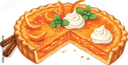 Vector Illustration Delicious Orange Tart with Whipped Cream and Mint Garnish