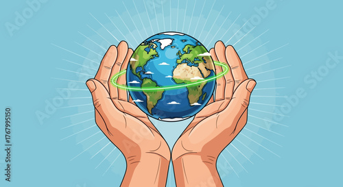 Cartoon illustration depicting hands cradling the Earth, symbolizing care and environmental
