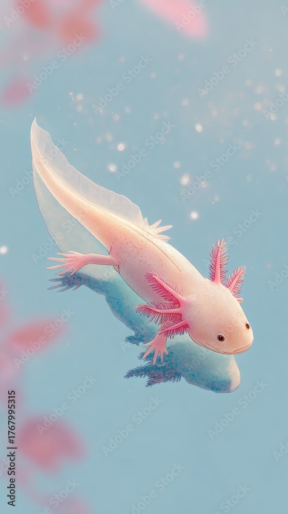 Obraz premium Ethereal Axolotl Swims Gracefully in Serene Blue Waters
