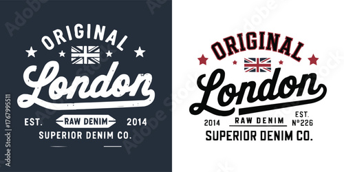 Original London raw denim vintage logo set with Union Jack and retro typography for superior clothing brand design