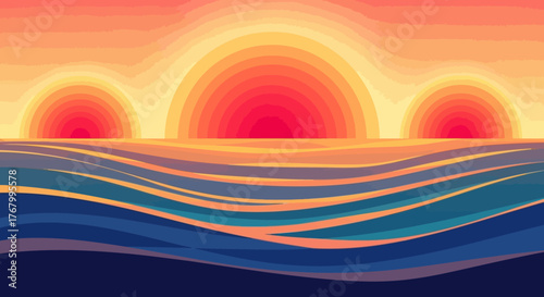 Vivid layered illustration of suns over stylized ocean waves at sunset landscape design