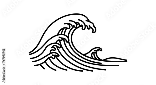Minimalistic black and white line drawing capturing the essence of powerful ocean waves gracefully