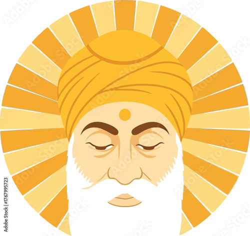 Stylized illustration of a wise old man with a golden sun headdress and closed eyes isolated on transparent background