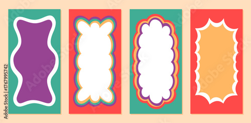 Groovy retro rectangle frame set in wavy doodle style with colorful outline and scallop border. Pop graphic background, y2k abstract border collection for creative and modern design concepts.