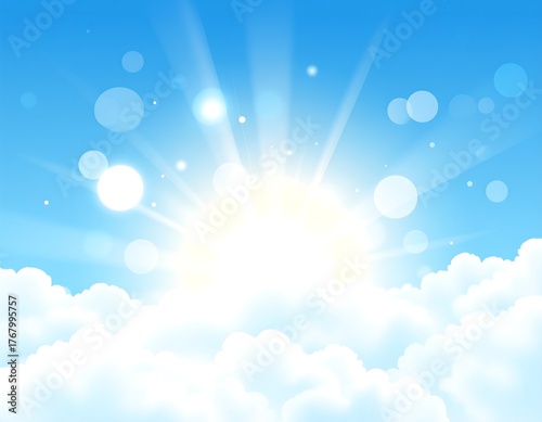 Cartoon-like blue sky with bright sunburst, clouds, and bokeh