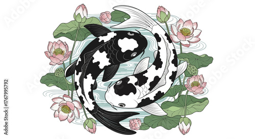 Elegant Koi Fish Duo with Lotus Blossoms in Harmonious Circle Depicting Serenity and Balance