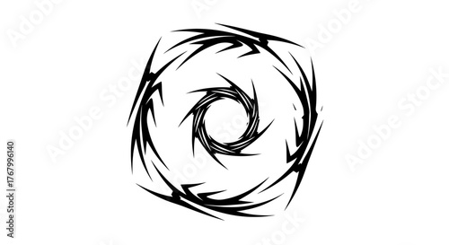 Striking monochromatic spiral design with sharp angles and circular central vortex pattern