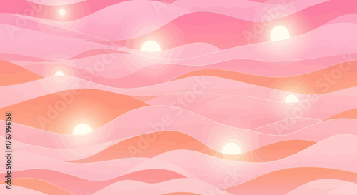 Dreamy pastel landscape with glowing orbs evokes serenity and ethereal beauty