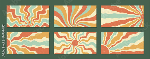 Retro groovy sun burst wave set in yellow and orange. Wavy sunshine bursts form a grungy sun texture on horizontal backgrounds. Y2k pattern with vintage mood, perfect as a stylish creative