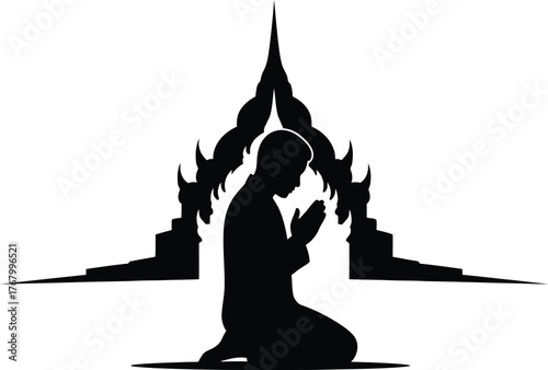 Silhouette of a person kneeling in prayer in front of a stylized temple or mosque structure isolated on transparent background