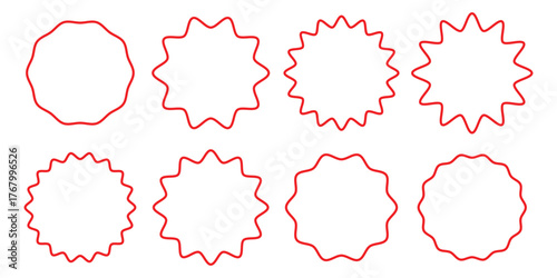 Zig-zag circle icon set, starburst, zig-zag circle sticker sunburst badges. Special offer, sale, discount, shop, black friday. Circle with sharp and rounded waves edge. Vector illustration, eps 10.