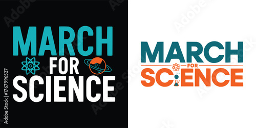 March for Science typography logos with atom, planet, flask icons — protest rally poster set in teal and orange