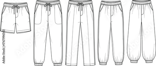 Casual pants and shorts collection in black line style with elastic waistband, drawstring, jogger cuffs, fashion garment illustration