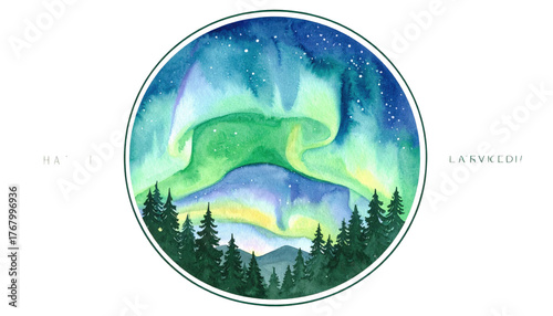 Watercolor Northern Lights Over Forest Aurora Borealis Painting.
