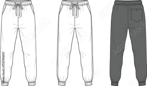 Technical fashion sketch of jogger pants front and back view with drawstring waist, pockets, gathered cuffs, vector illustration