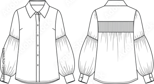 Women's puff sleeve blouse fashion technical flat with pleated back yoke, button-down front, structured cuff, and classic collar