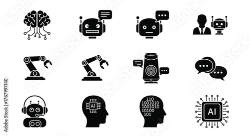 Collection of artificial intelligence and robot icons, including brain, robot heads, robotic arms, and ai chip
