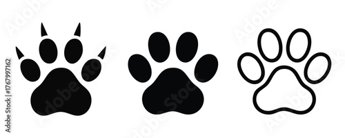 Set of Paw Print Icons, Animal and Pet Paw Print Collection (Clawed, Solid, and Outline), Vector Icons for Clawed and Standard Paw Prints, silhouette, vector, illustration.