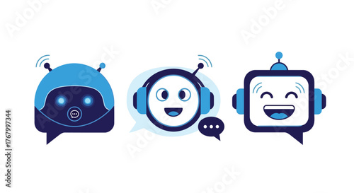 A collection of three cartoon robot faces with headphones and antennae, expressing different emotions and communication signals