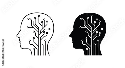 Two human head profile icons with internal circuit board patterns representing ai