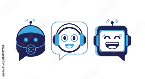 Three cartoon robot avatars with headphones and speech bubbles