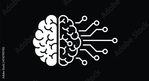 Stylized icon of a human brain split into a biological half and a digital circuit half, representing artificial intelligence and technology, isolated on a