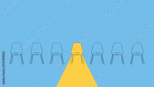 Yellow chair spotlight among blue chairs concept of leadership hiring and individuality on minimal blue background