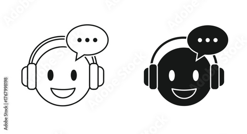 Two icons of a smiling face with headphones and a speech bubble, one in outline and one in solid black