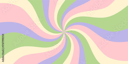 Groovy psychedelic swirl pattern in pastel color with burst shape creates a retro sun effect. Sunshine and wave flow brings y2k energy to this background. Horizontal wallpaper with sun and modern