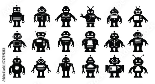 Collection of various robot icons in black and white, representing artificial intelligence and automation