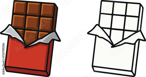 Chocolate bar vector icon in red wrapper, isolated illustration with line art drawing and coloring page