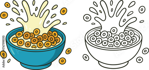 Cartoon cereal bowl with splashing milk and ring shaped breakfast on white background