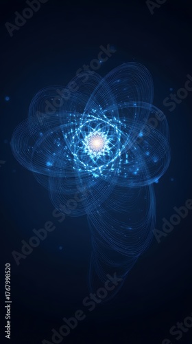 Blue Abstract Atomic Structure with Glowing Particles in Darkness
