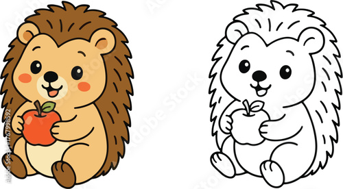 Adorable cartoon hedgehog holding a red apple with coloring book page isolated graphic