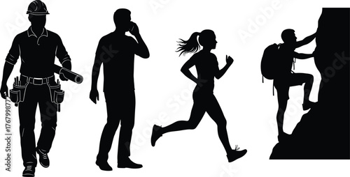 construction, phone, runner, climbing, worker, mobile, blueprint, athlete, adventure, silhouette, lifestyle, vector, activity, profession, black