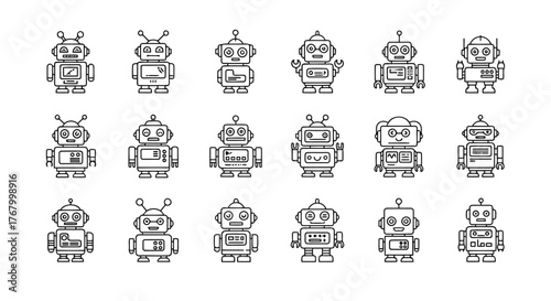 Collection of 15 cute handdrawn robot icons in various styles and designs