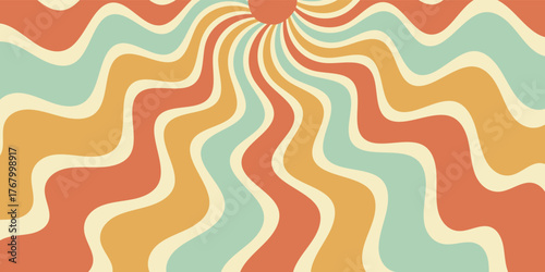 Retro groovy sun burst with wavy ray shapes, orange and yellow wave patterns. Sunshine and burst swirl in horizontal background, perfect for y2k inspired visual, summer style, trendy concepts.