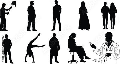 Silhouette collection of diverse people in professions, poses, and activities including medical, technical, casual, athletic, and cultural themes