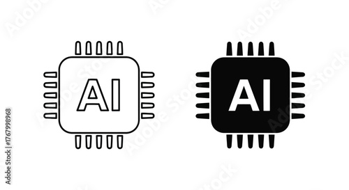 Two icons representing artificial intelligence, one outlined and one solid black, featuring a microchip with the letters ai
